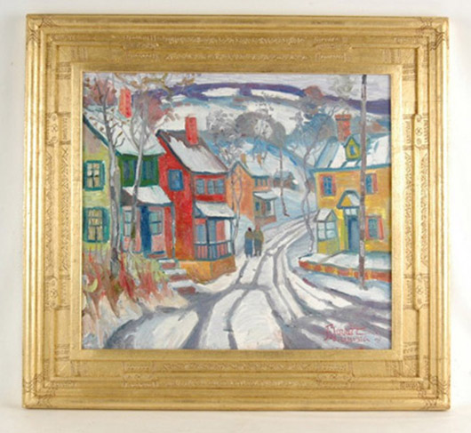 Joseph Barrett (American, b. 1936-), Up Dublin Way, oil on canvas, 18 by 20 inches, $3,740. Stephenson's Auctioneers image.